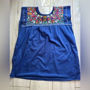 Hand made Blue Mexican Boho Hippie Women's Peasant Blouse Shirt Top Medium
